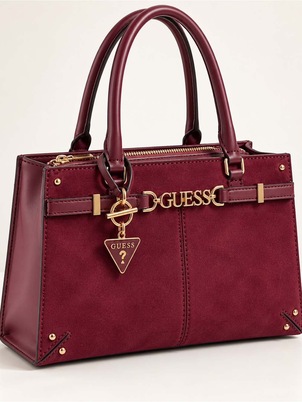 GUESS Wine Red Suede Satchel with Gold Hardware